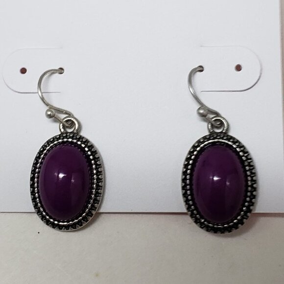 Women's Silver tone Dainty Design Purple Stone Oval Fishhook Teardrop Earrings - Picture 1 of 7